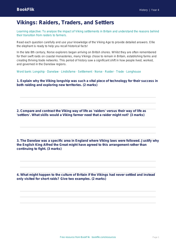 Social Studies / History vikings worksheet class 4 greater depth worksheet preview — History Vikings