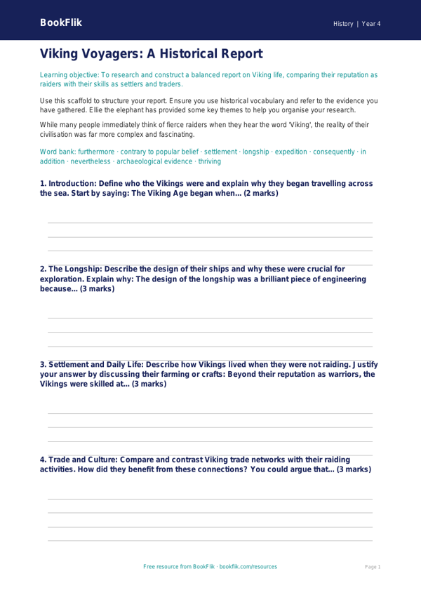 Vikings Writing Frame | Class 4 History Worksheet | CBSE Curriculum worksheet preview — History Vikings