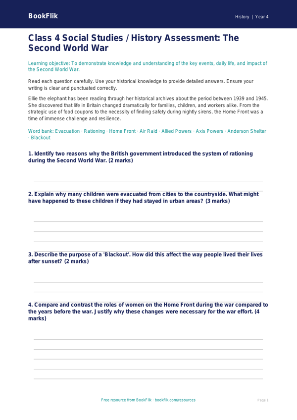 Social Studies / History ww2 assessment class 4 greater depth worksheet preview — History Ww2