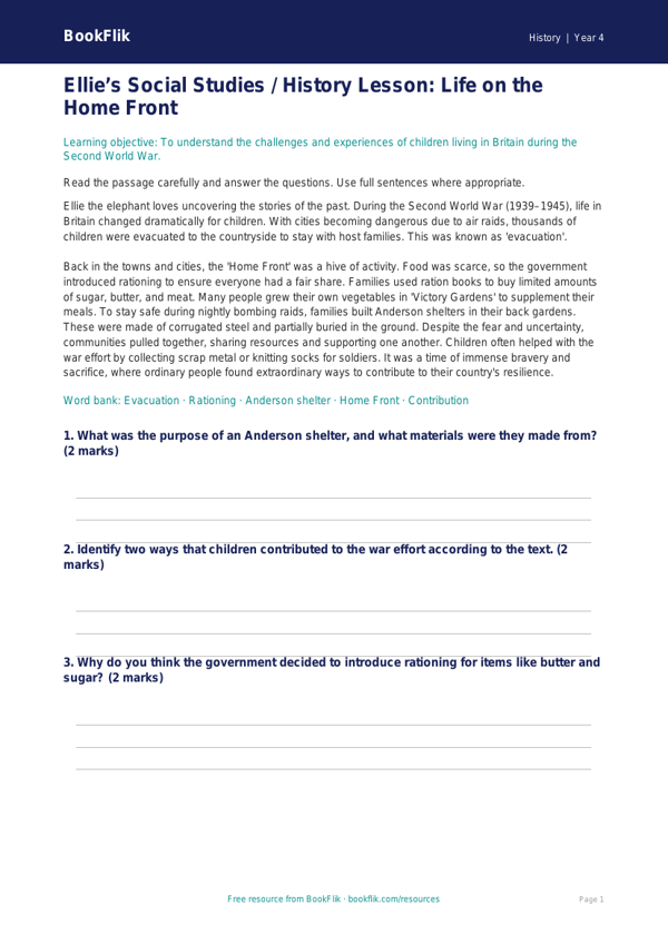 Free WW2 Comprehension | Class 4 | Social Studies / History | BookFlik worksheet preview — History Ww2