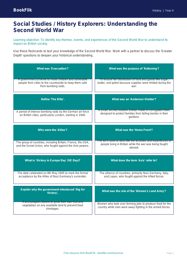 Free WW2 Flashcards | Class 4 | Social Studies / History | BookFlik worksheet preview — History Ww2