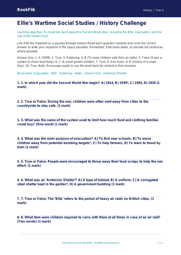 Social Studies / History ww2 quiz class 4 greater depth worksheet preview — History Ww2