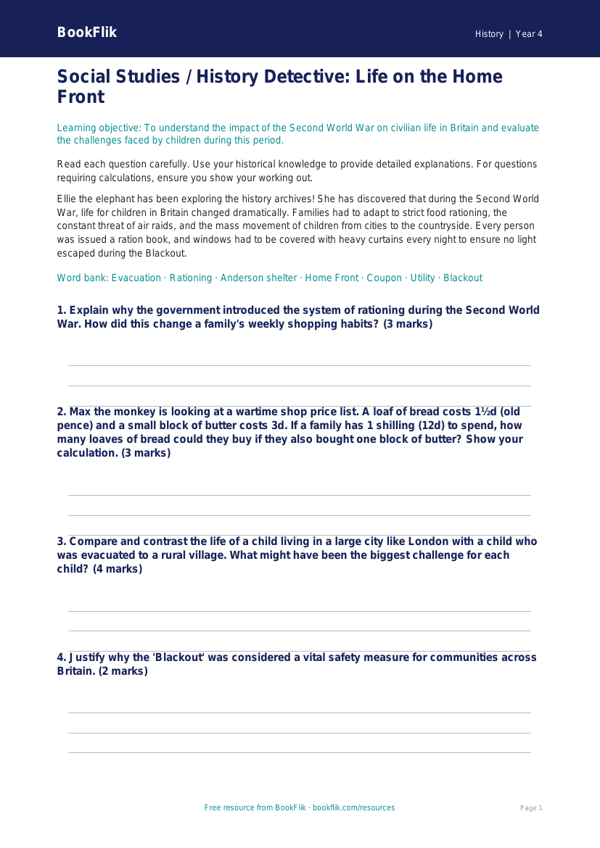 Social Studies / History ww2 worksheet class 4 greater depth worksheet preview — History Ww2