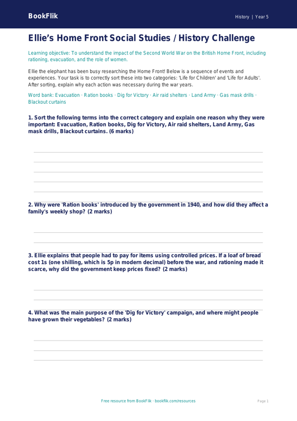 Free WW2 Activity Sheet | Class 5 | Social Studies / History | BookFlik worksheet preview — History Ww2