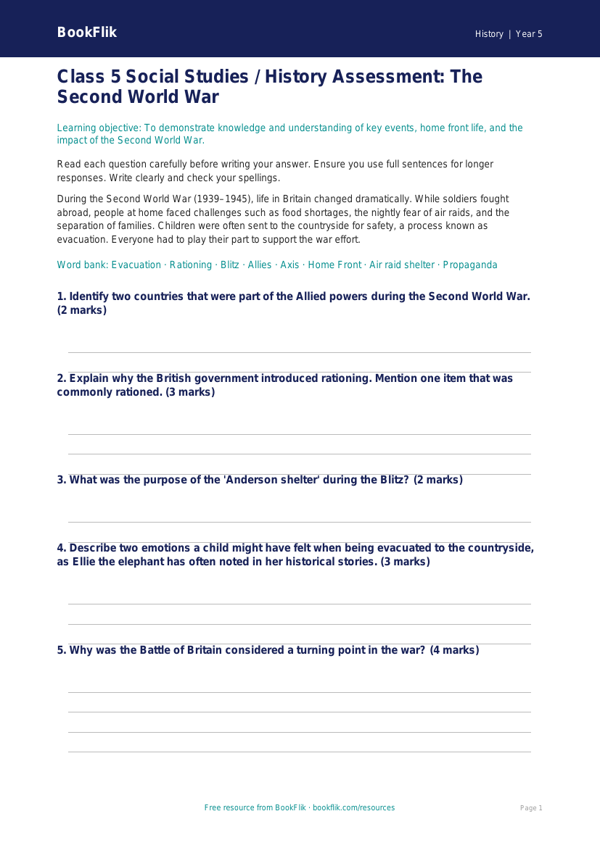 Free WW2 Assessment | Class 5 | Social Studies / History | BookFlik worksheet preview — History Ww2