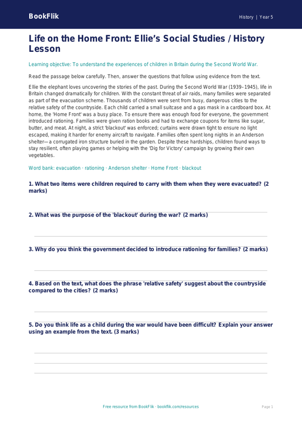 Free WW2 Comprehension | Class 5 | Social Studies / History | BookFlik worksheet preview — History Ww2