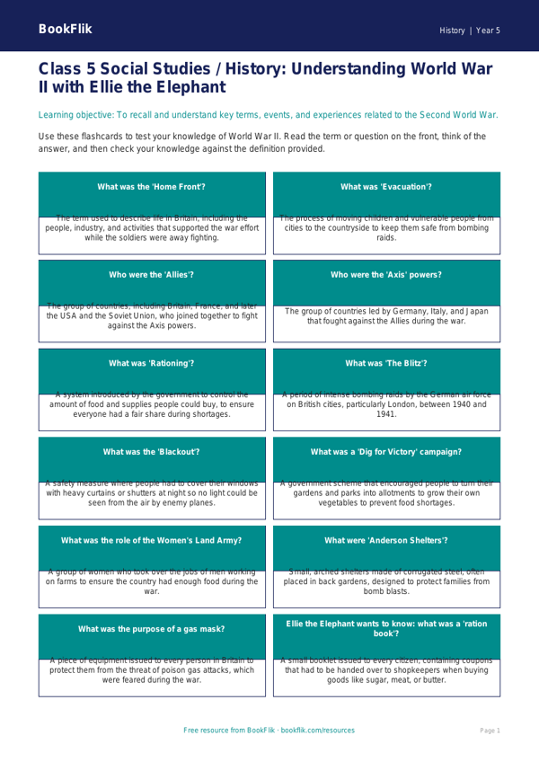 WW2 History Flashcards for Class 5 | CBSE Social Studies | BookFlik worksheet preview — History Ww2