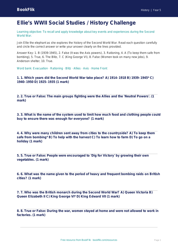 WW2 Quiz for Class 5 | CBSE Social Studies | BookFlik worksheet preview — History Ww2