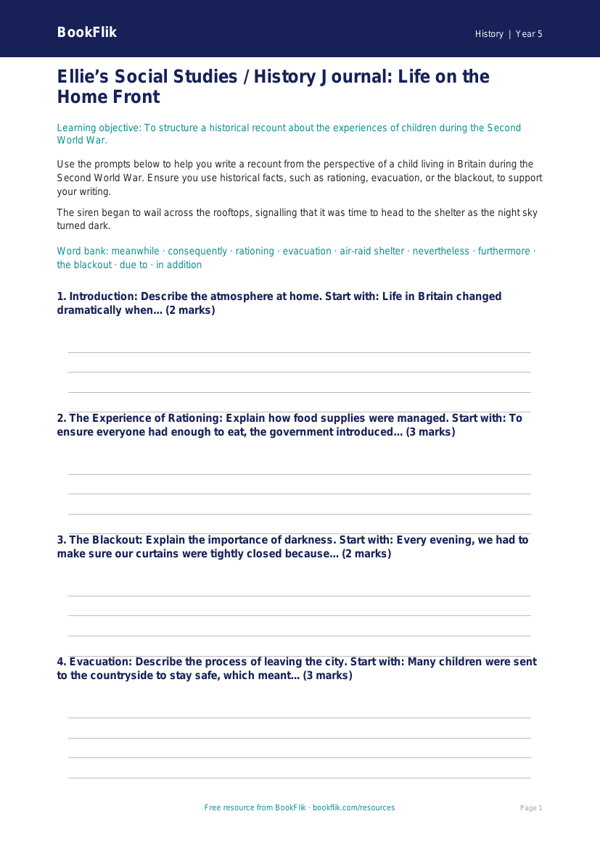 WW2 History Writing Frame for Class 5 | CBSE Social Studies | BookFlik worksheet preview — History Ww2