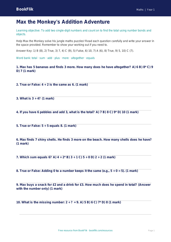 Free Addition Quiz | Class 1 | Maths | BookFlik worksheet preview — Maths Addition