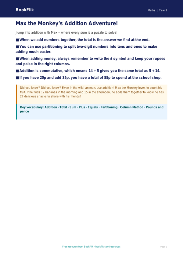 Free Addition Poster | Class 2 | Maths | BookFlik worksheet preview — Maths Addition