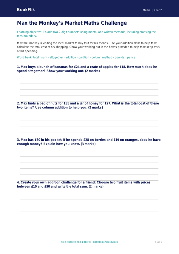 Free Addition Template | Class 2 | Maths | BookFlik worksheet preview — Maths Addition