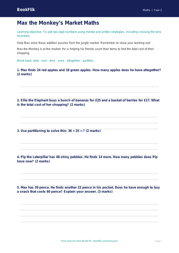 Free Addition Worksheet | Class 2 | Maths | BookFlik worksheet preview — Maths Addition