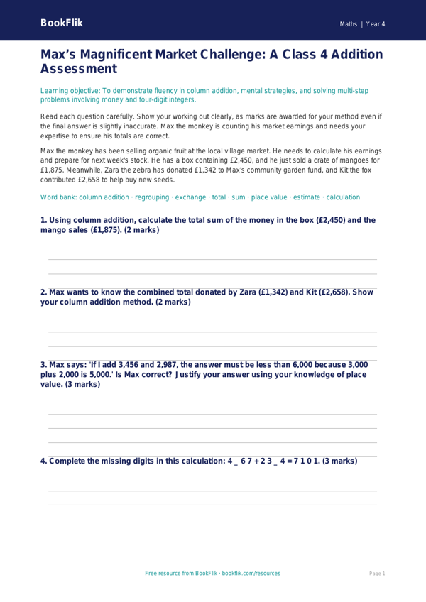 Maths addition assessment class 4 greater depth worksheet preview — Maths Addition