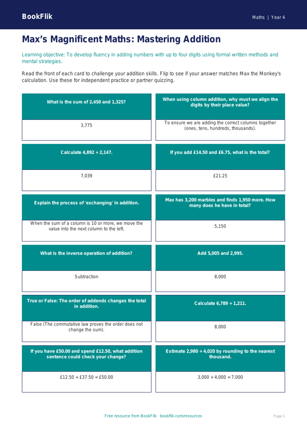 Addition Flashcards for Class 4 Maths | CBSE Practice | BookFlik worksheet preview — Maths Addition