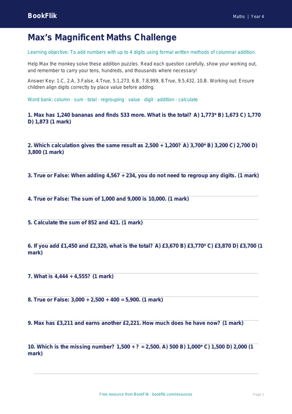 Advanced Addition Worksheet | Class 4 Maths | BookFlik worksheet preview — Maths Addition