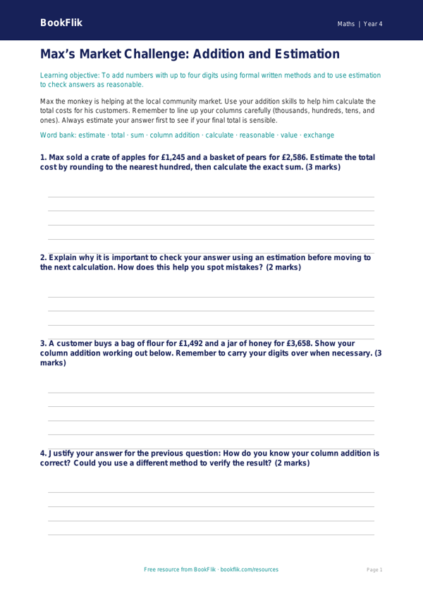 Maths addition template class 4 greater depth worksheet preview — Maths Addition