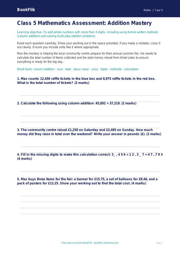 Free Addition Assessment | Class 5 | Maths | BookFlik worksheet preview — Maths Addition