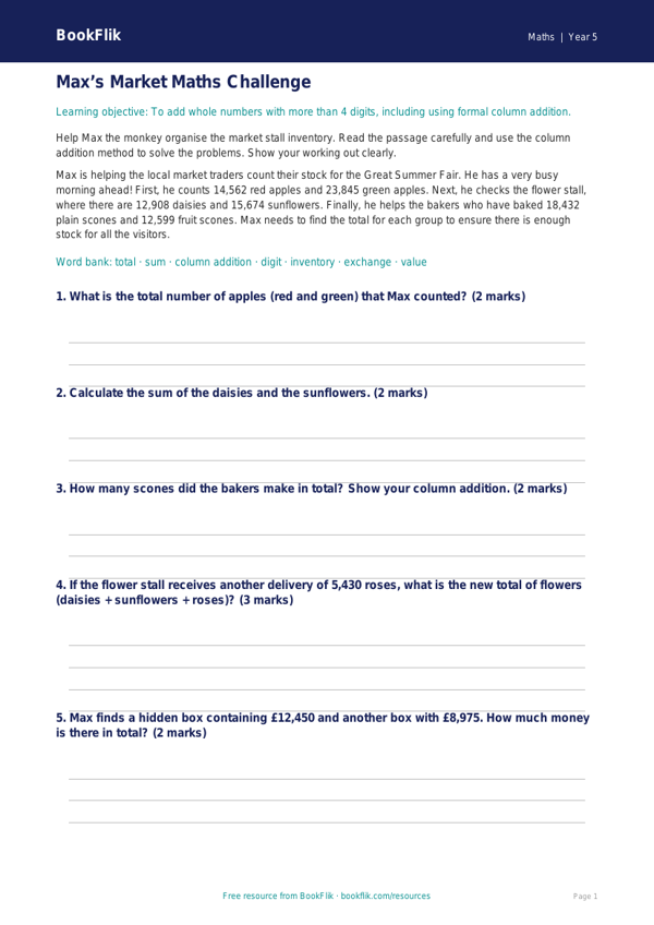 Free Addition Track Sheet | Class 5 | Maths | BookFlik worksheet preview — Maths Addition