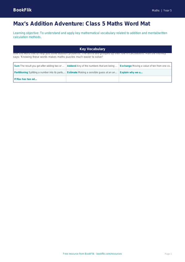 Free Addition Word Mat | Class 5 | Maths | BookFlik worksheet preview — Maths Addition