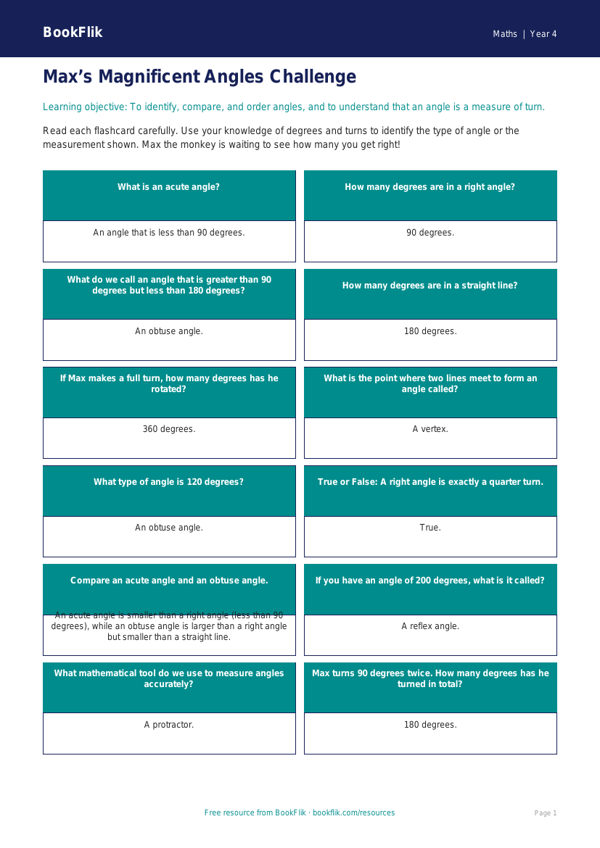 Free Angles Flashcards | Class 4 | Maths | BookFlik worksheet preview — Maths Angles