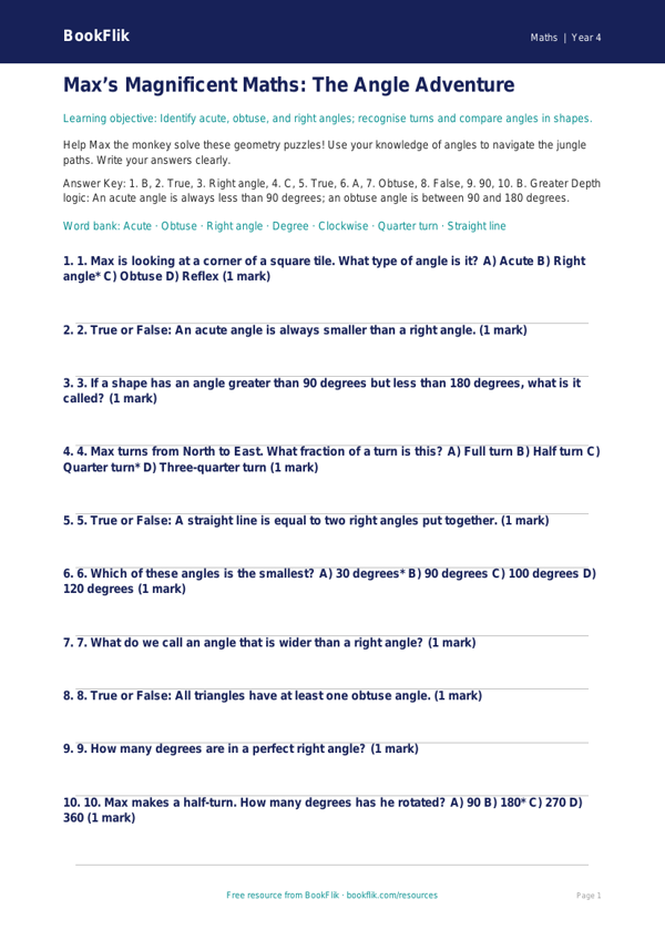 Free Angles Quiz | Class 4 | Maths | BookFlik worksheet preview — Maths Angles