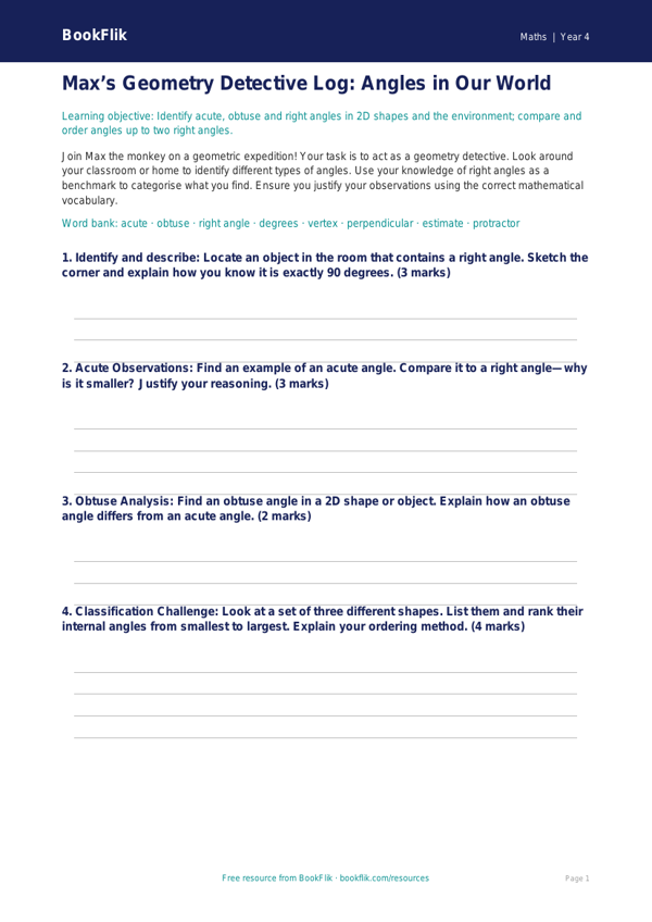 Free Angles Template | Class 4 | Maths | BookFlik worksheet preview — Maths Angles