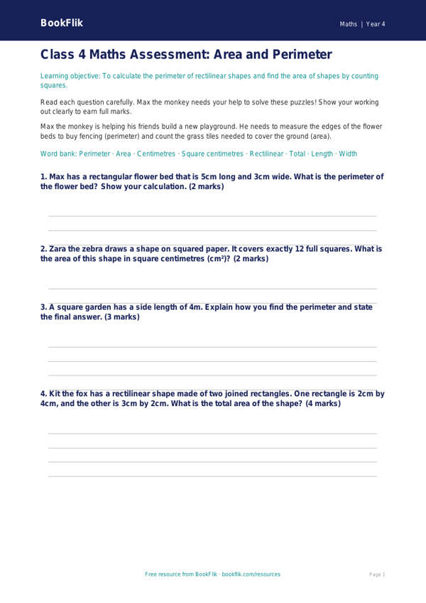 Free Area And Perimeter Assessment | Class 4 | Maths | BookFlik worksheet preview — Maths Area And Perimeter