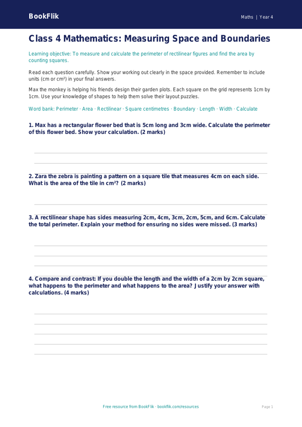 Free Area And Perimeter Assessment | Class 4 | Maths | BookFlik worksheet preview — Maths Area And Perimeter