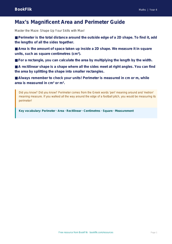 Free Area And Perimeter Poster | Class 4 | Maths | BookFlik worksheet preview — Maths Area And Perimeter