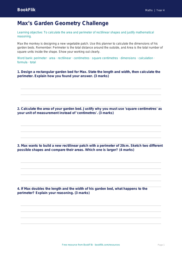 Free Area And Perimeter Template | Class 4 | Maths | BookFlik worksheet preview — Maths Area And Perimeter