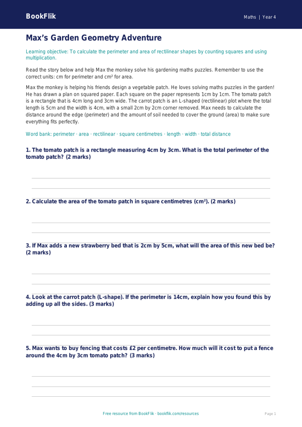 Free Area And Perimeter Track Sheet | Class 4 | Maths | BookFlik worksheet preview — Maths Area And Perimeter
