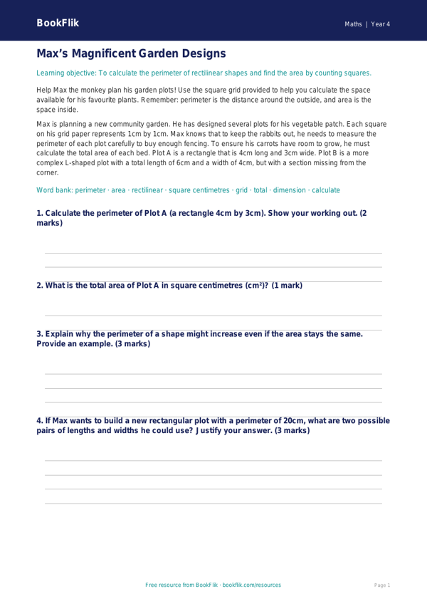 Free Area And Perimeter Track Sheet | Class 4 | Maths | BookFlik worksheet preview — Maths Area And Perimeter
