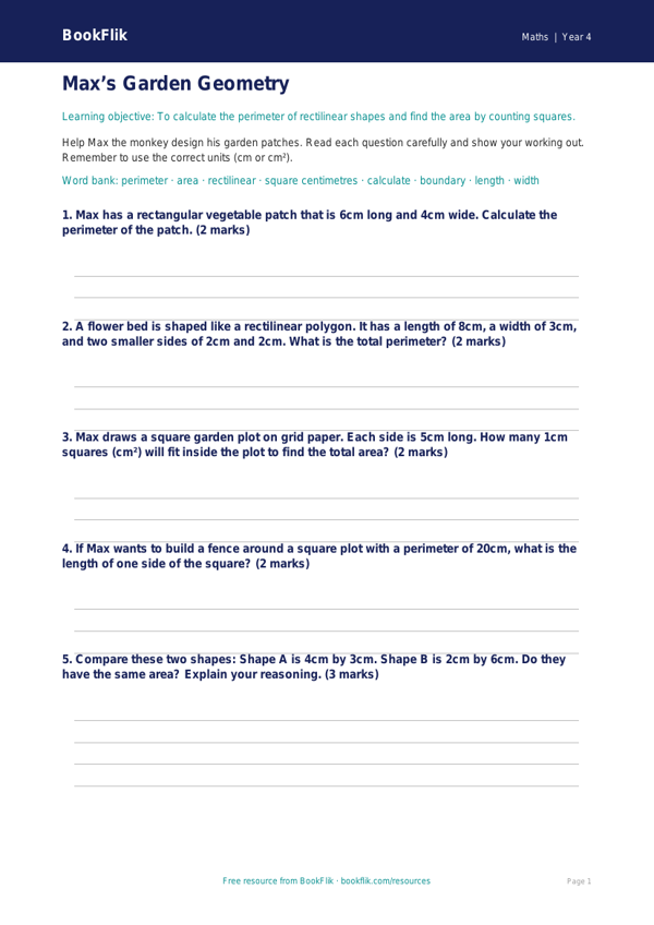 Free Area And Perimeter Worksheet | Class 4 | Maths | BookFlik worksheet preview — Maths Area And Perimeter