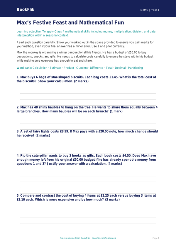Free Christmas Maths Assessment | Class 4 | Maths | BookFlik worksheet preview — Maths Christmas Maths