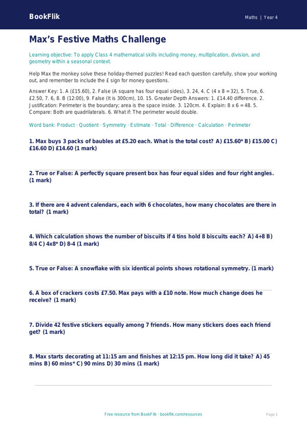 Free Christmas Maths Quiz | Class 4 | Maths | BookFlik worksheet preview — Maths Christmas Maths