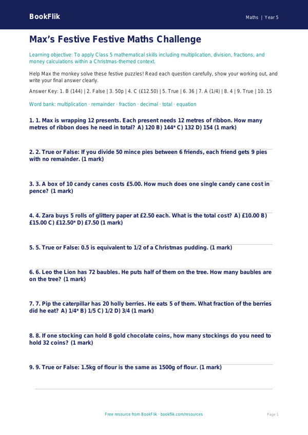 Christmas Maths Quiz for Class 5 | CBSE Maths Worksheet worksheet preview — Maths Christmas Maths