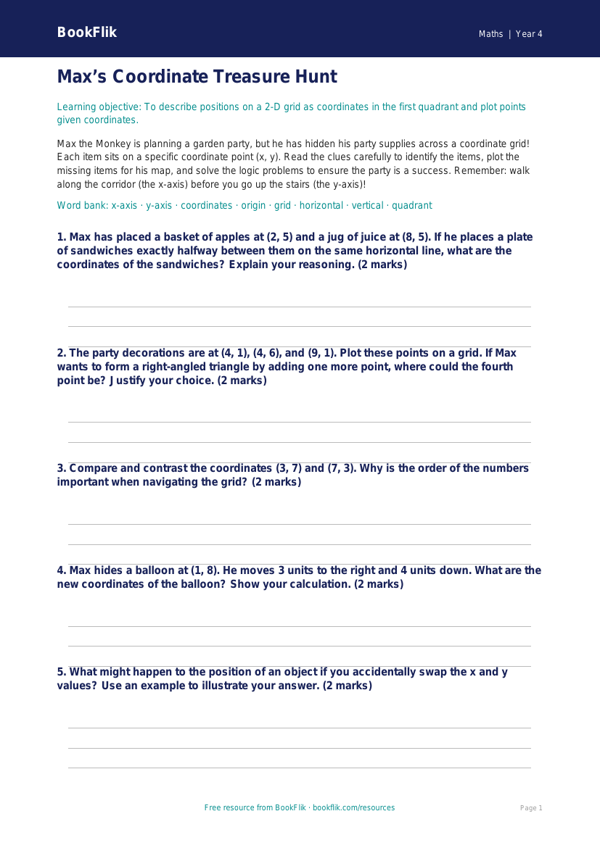 Free Coordinates Activity Sheet | Class 4 | Maths | BookFlik worksheet preview — Maths Coordinates