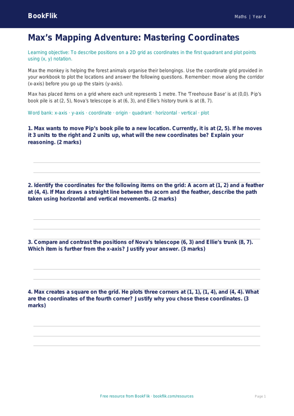 Free Coordinates Worksheet | Class 4 | Maths | BookFlik worksheet preview โ Maths Coordinates