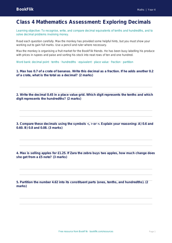 Maths decimals assessment class 4 greater depth worksheet preview — Maths Decimals