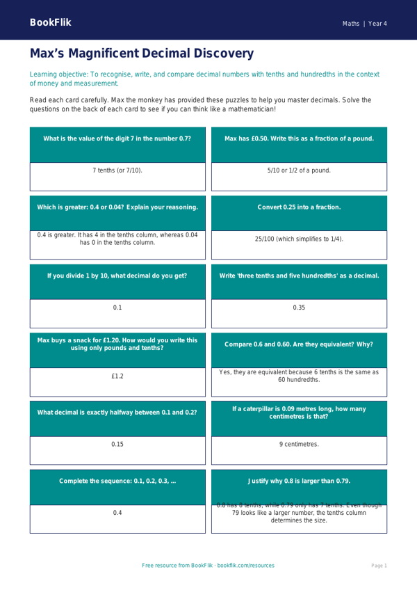 Free Decimals Flashcards | Class 4 | Maths | BookFlik worksheet preview — Maths Decimals