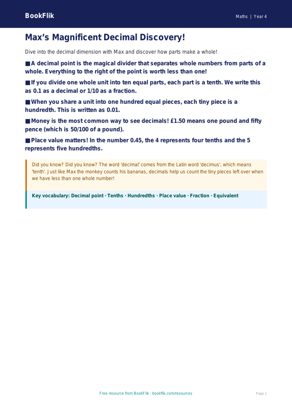 Free Decimals Poster | Class 4 | Maths | BookFlik worksheet preview — Maths Decimals