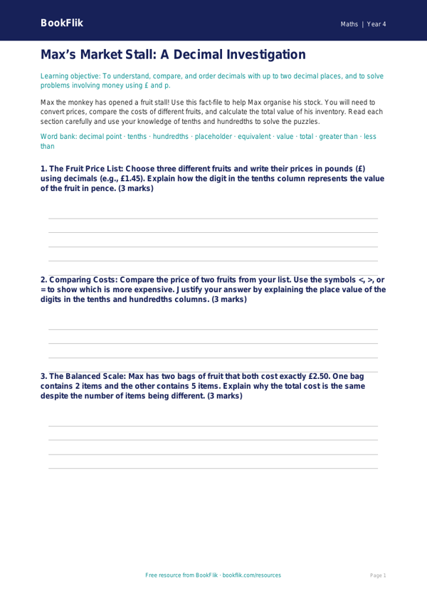 Free Decimals Template | Class 4 | Maths | BookFlik worksheet preview — Maths Decimals
