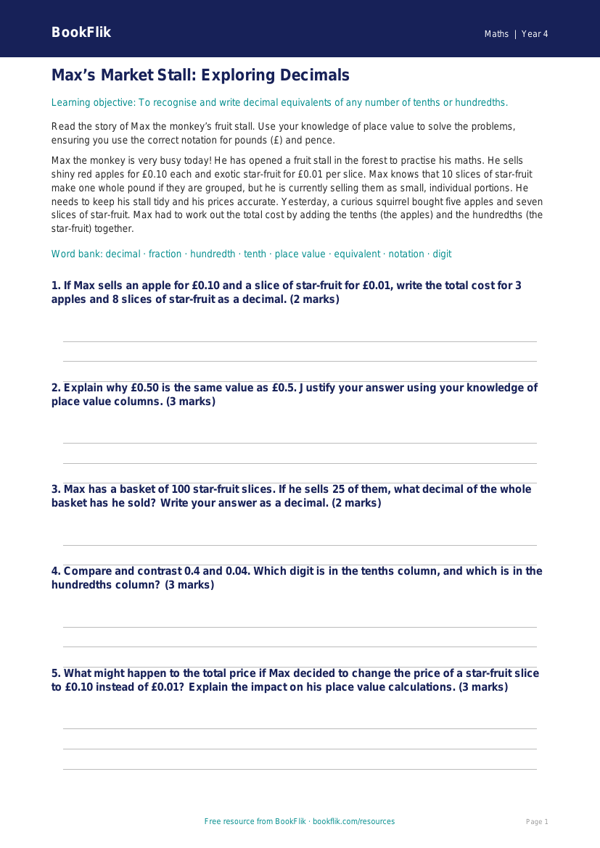 Free Decimals Track Sheet | Class 4 | Maths | BookFlik worksheet preview — Maths Decimals