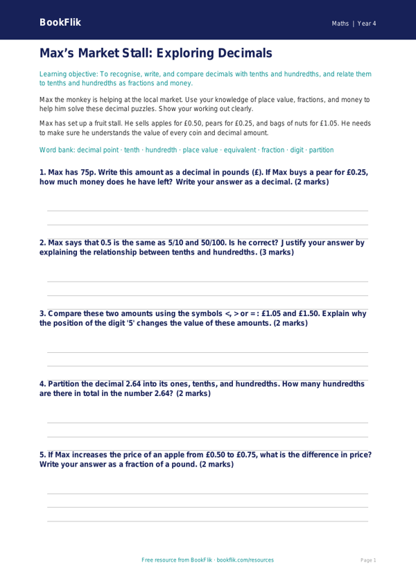 Maths decimals worksheet class 4 greater depth worksheet preview — Maths Decimals