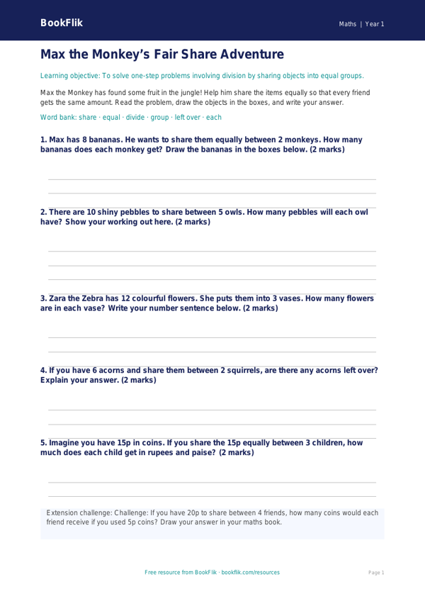Free Division Template | Class 1 | Maths | BookFlik worksheet preview — Maths Division