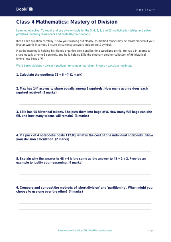 Free Division Assessment | Class 4 | Maths | BookFlik worksheet preview — Maths Division