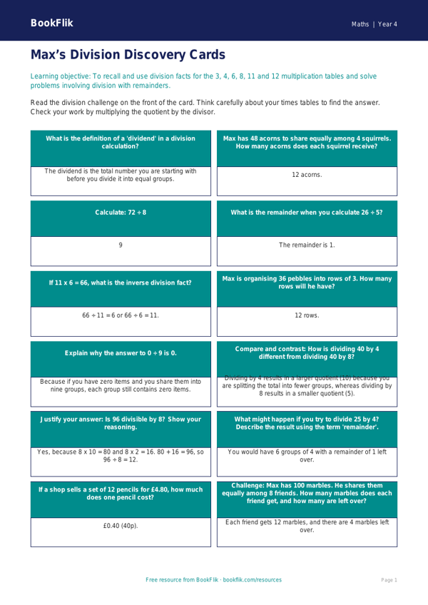 Maths division flashcards class 4 greater depth worksheet preview — Maths Division