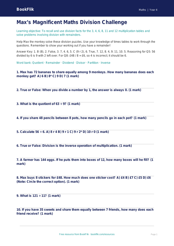 Advanced Division Worksheet | Class 4 Maths | BookFlik worksheet preview — Maths Division