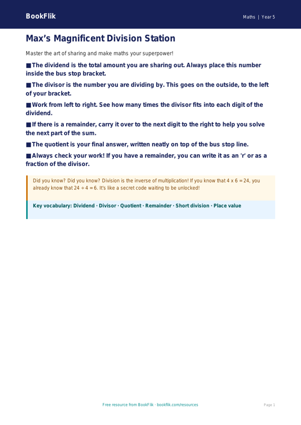 Free Division Poster | Class 5 | Maths | BookFlik worksheet preview — Maths Division
